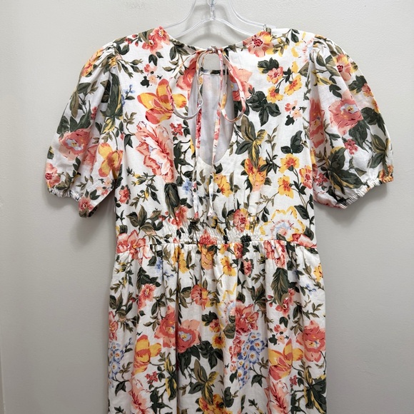 Faithfull the Brand Riso Linen Midi Dress Puff Sleeve Floral Multi Size S - Picture 7 of 12